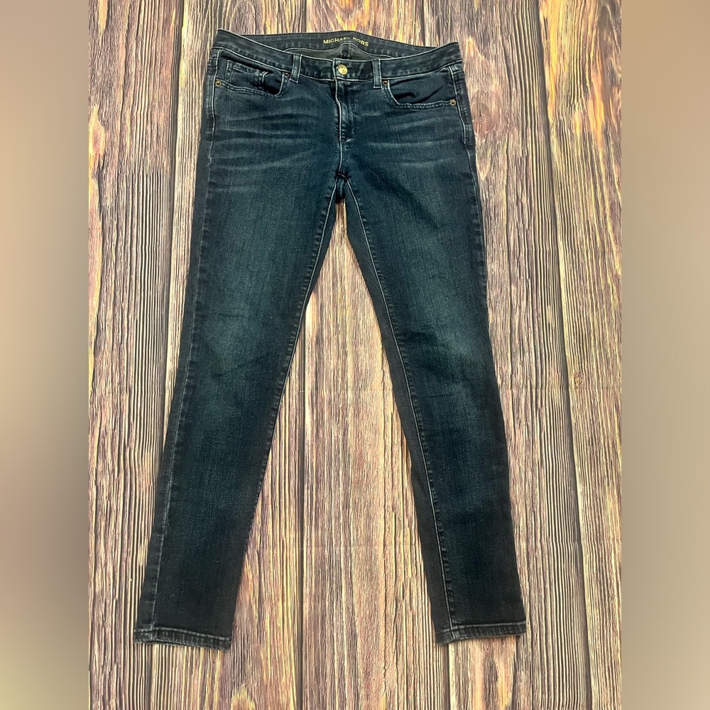 Michael‎ Kors Womens Skinny Jeans Blue Denim Gold MK Logo Button Mid Rise Size 6